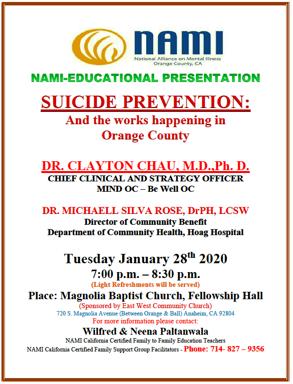 Learn about Suicide Prevention, on January 28, 2020, in Anaheim
