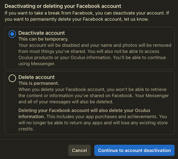 deactivate or delete Facebook account