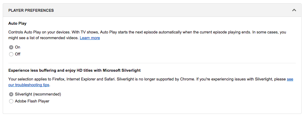 Switching back to Silverlight from Flash Player on Amazon Instant Video